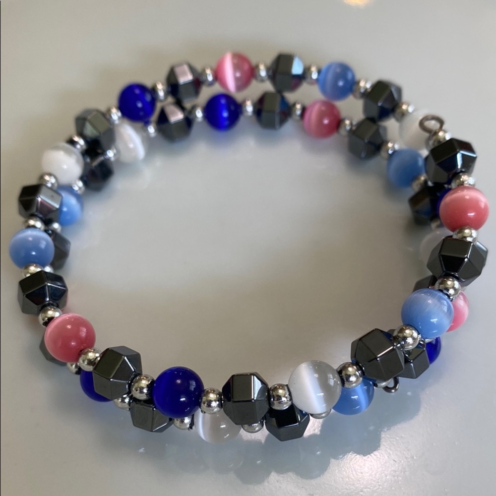 Colorful Hematite & Cat’s Eye Beaded Memory Wire Bracelet